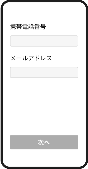 携帯電話番号とメールアドレスを入力する画面