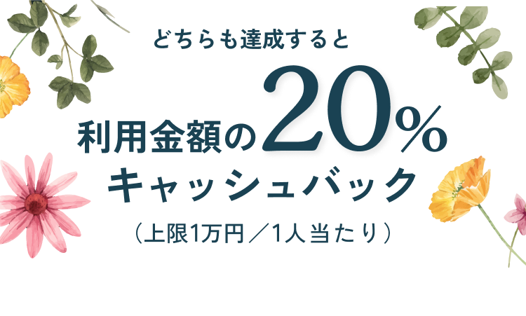 どちらも達成すると利用金額の20%キャッシュバック(上限1万円/1人当たり)
