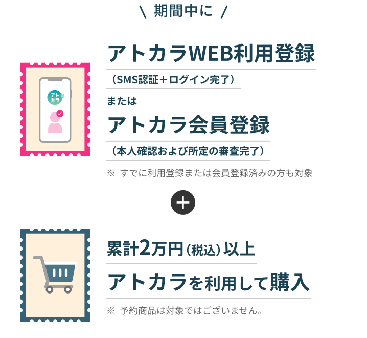 期間中にアトカラWEB利用登録(SMS認証+ログイン完了)またはアトカラ会員登録(本人確認および所定の審査完了)※すでに利用登録もしくは会員登録済みの方も対象 + 累計2万円(税込)以上アトカラを利用して購入 ※予約商品は対象ではございません。
