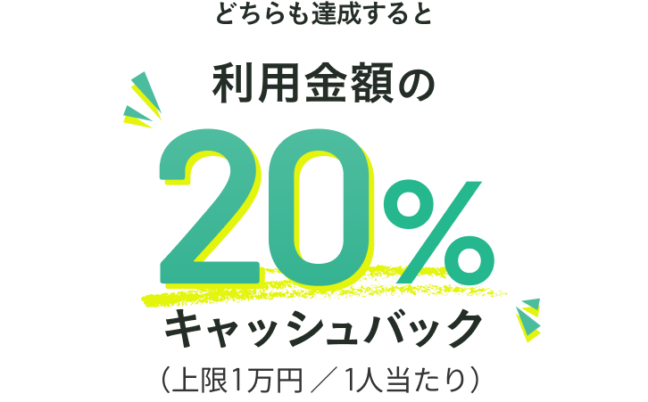 どちらも達成すると利用金額の20%キャッシュバック(上限1万円/1人当たり)