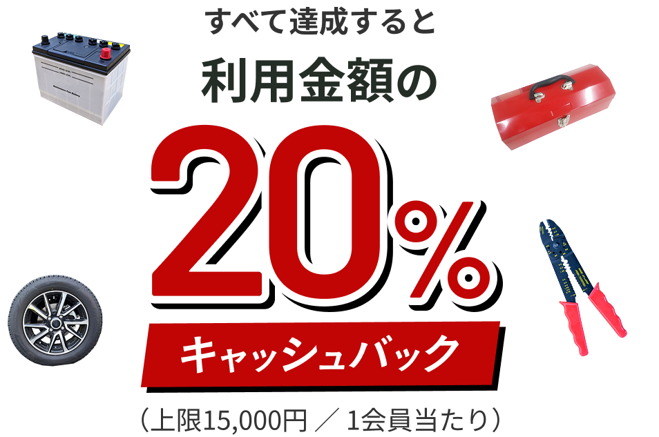 すべて達成すると利用金額の20％分キャッシュバック（上限5,000円／1人当たり）